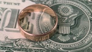 wedding ring on dollar bill